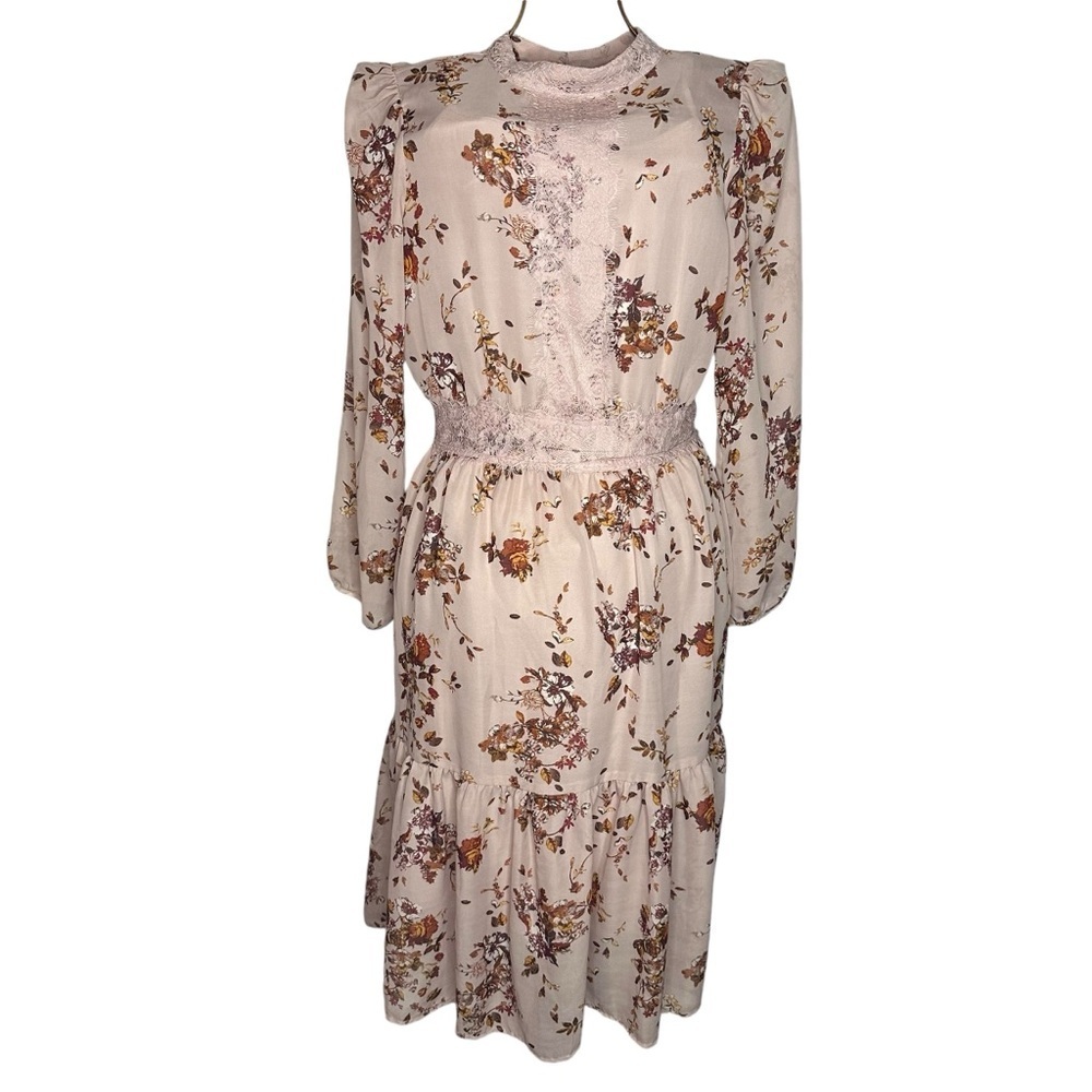 Hi-Neck Floral Cottagecore Midi Dress Lace Floral Pink Mauve Woman - Size S